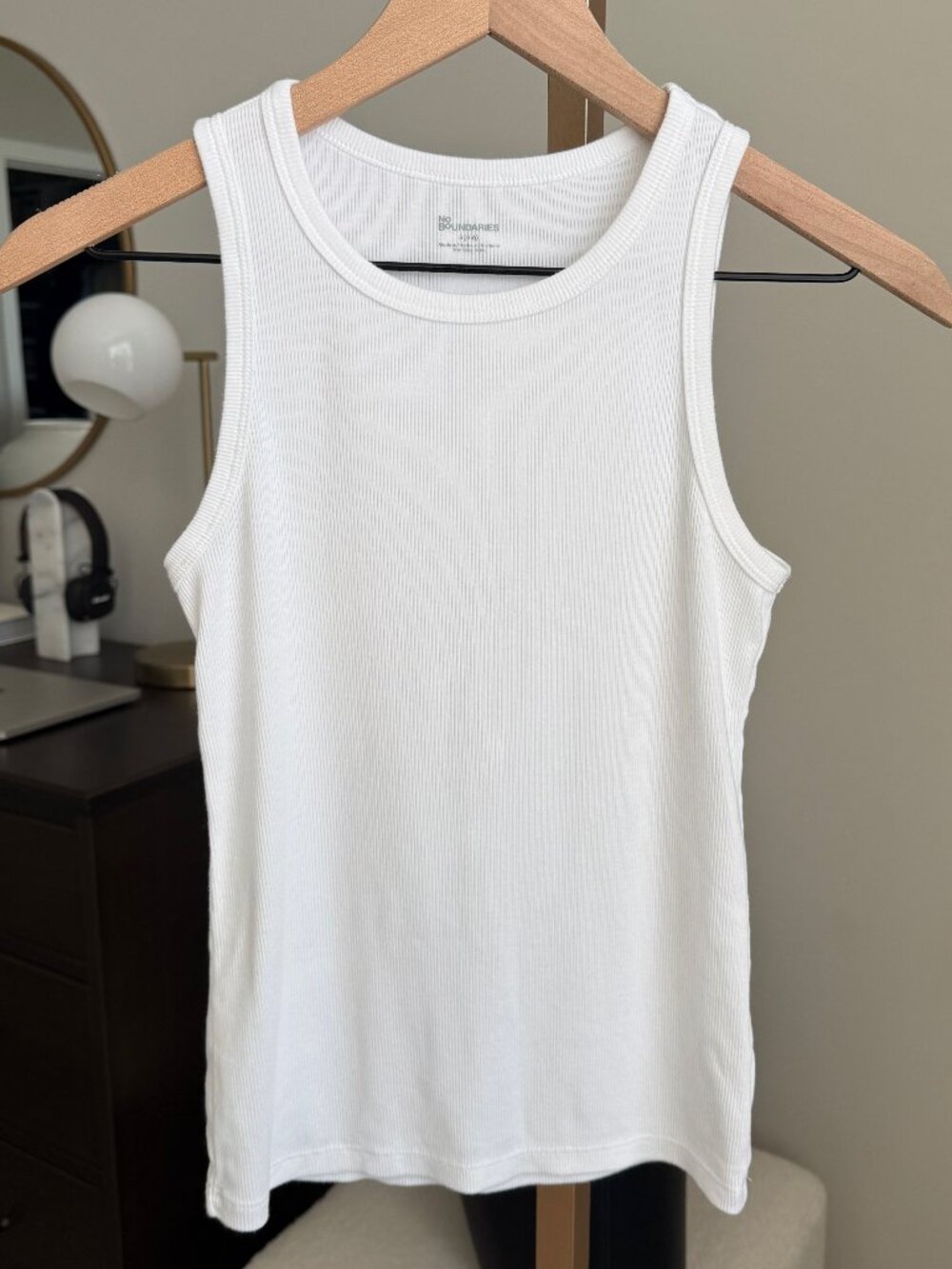 NO BOUNDARIES White Ribbed Scoop High Neck Tank Top